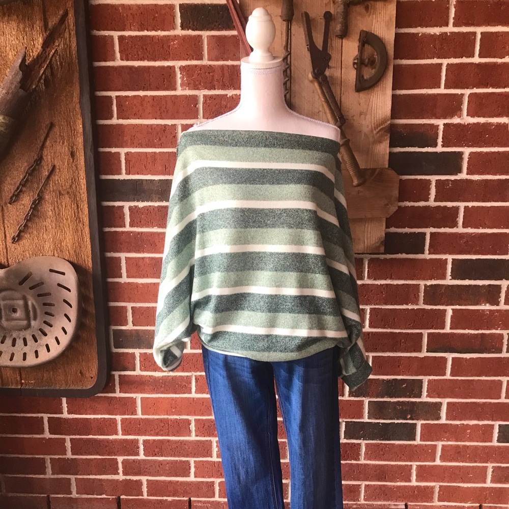 Blue, Green, & White Striped Off the Shoulder Top